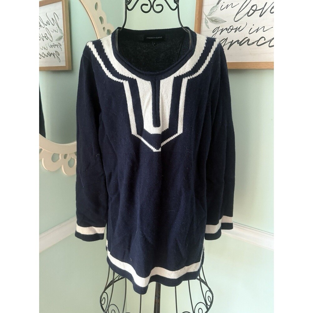 French‎ Curve Large Sweater Blue White Cashmere Round Neck Luxury